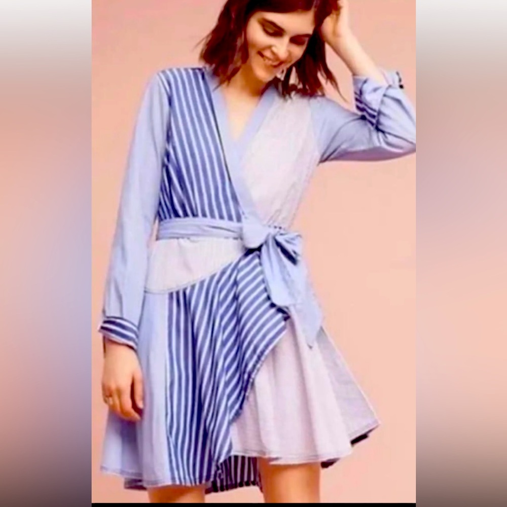 Maeve Anthropologie Blue and White Striped Wrap Dress
